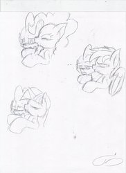 Size: 850x1170 | Tagged: safe, pinkie pie, rainbow dash, twilight sparkle, earth pony, pegasus, pony, unicorn, g4, cheek kiss, duo, female, kissing, mare, monochrome, sketch, traditional art, unicorn twilight