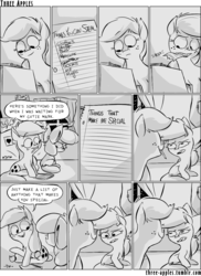 Size: 944x1294 | Tagged: safe, artist:capnpea, apple bloom, applejack, earth pony, pony, comic:three apples, g4, angry, clubhouse, comic, crusaders clubhouse, duo, duo female, female, filly, mare, monochrome, mouth hold, night, sitting