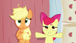Size: 1280x720 | Tagged: safe, screencap, apple bloom, applejack, earth pony, pony, apple family reunion, g4, bed, duo, female, filly, mare, on back, out of context, pillow