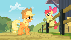 Size: 800x450 | Tagged: safe, apple bloom, applejack, earth pony, pony, g4, female, fence, filly, foal, mare, smiling