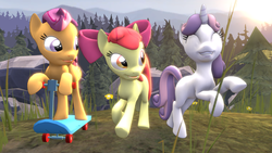 Size: 1191x670 | Tagged: safe, artist:drdicksamazingstick, apple bloom, scootaloo, sweetie belle, g4, 3d, cutie mark crusaders, female, forest, happy, source filmmaker