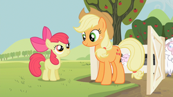 Size: 1280x720 | Tagged: safe, screencap, apple bloom, applejack, pony, sheep, g4, cute, eye contact, female, filly, grass, looking at each other, mare, smiling
