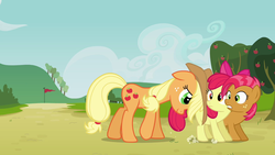Size: 1280x720 | Tagged: safe, screencap, apple bloom, applejack, babs seed, earth pony, pony, apple family reunion, g4, female, filly, mare, pushing, rump push
