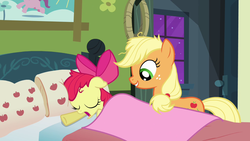 Size: 1280x720 | Tagged: safe, screencap, apple bloom, applejack, apple family reunion, g4, bed, out of context, sleeping, snoring