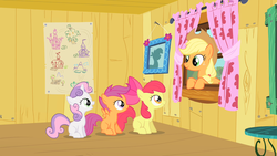 Size: 1280x720 | Tagged: safe, screencap, apple bloom, applejack, scootaloo, sweetie belle, g4, the show stoppers, cutie mark crusaders