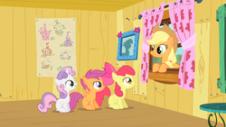 Size: 1280x720 | Tagged: safe, screencap, apple bloom, applejack, scootaloo, sweetie belle, pony, g4, the show stoppers, cutie mark crusaders