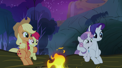Size: 1280x720 | Tagged: safe, screencap, apple bloom, applejack, rarity, sweetie belle, earth pony, pony, unicorn, g4, sleepless in ponyville, campfire, female, filly, hug, mare, night, sibling love, siblings, sisterly love, sisters