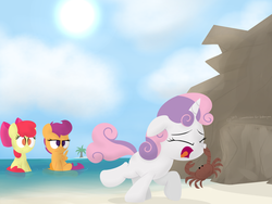 Size: 2400x1800 | Tagged: safe, artist:dtcx97, apple bloom, scootaloo, sweetie belle, crab, g4, beach, cutie mark crusaders, nose pinch, sweetie fighting a tiny crab