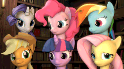 Size: 500x281 | Tagged: safe, artist:drdicksamazingstick, applejack, fluttershy, pinkie pie, rainbow dash, rarity, twilight sparkle, pony, unicorn, g4, 3d, animated, cute, female, hat, looking at you, mane six, mare, smiling, source filmmaker