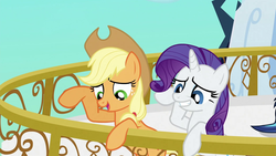 Size: 1920x1080 | Tagged: safe, screencap, applejack, rarity, g4, the crystal empire, bad poker face