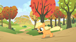 Size: 1280x720 | Tagged: safe, screencap, applejack, earth pony, pony, g4, the cutie mark chronicles, apple orchard, apple tree, autumn, blank flank, cute, female, filly, filly applejack, freckles, jackabetes, orchard, running, smiling, solo, sweet apple acres, tree, younger