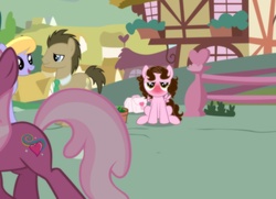 Size: 1236x894 | Tagged: safe, cheerilee, cloud kicker, doctor whooves, time turner, oc, g4, blushing, filly