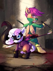 Size: 750x1000 | Tagged: safe, artist:bakki, scootaloo, sweetie belle, pony, g4, action pose, bipedal, blood, clothes, costume, crossover, fight, hit-girl, kick-ass, mask, ponified, superhero, weapon