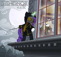 Size: 5300x5000 | Tagged: safe, artist:cheshiretwilight, prince blueblood, rarity, pony, g4, absurd resolution, bipedal, corvo attano, crossover, dishonored, lord regent, mark of the outsider, ponified, sword