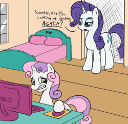 Size: 750x725 | Tagged: safe, rarity, sweetie belle, g4, caught, computer, door