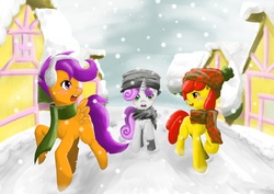 Size: 4960x3507 | Tagged: safe, artist:benjik, apple bloom, scootaloo, sweetie belle, g4, clothes, cutie mark crusaders, hat, scarf, snow, snowfall, winter