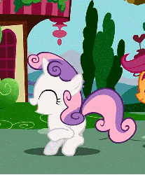 Size: 411x495 | Tagged: safe, screencap, scootaloo, sweetie belle, pony, g4, hearts and hooves day (episode), animated, cute, diasweetes, female, happy, hearts and hooves day, jumping, skipping