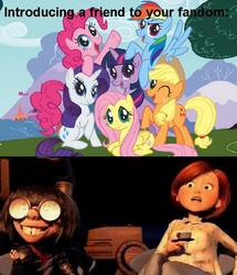 Size: 625x726 | Tagged: safe, applejack, fluttershy, pinkie pie, rainbow dash, rarity, twilight sparkle, earth pony, human, pegasus, pony, unicorn, g4, edna mode, elastigirl, helen parr, mane six, mane six opening poses, meme, mrs. incredible, needs more jpeg, the incredibles, truth, unicorn twilight