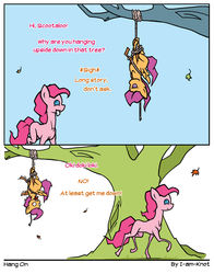 Size: 1050x1338 | Tagged: safe, artist:i-am-knot, pinkie pie, scootaloo, g4, comic, rope, suspended, tree, upside down