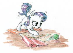Size: 1936x1407 | Tagged: safe, artist:mcstalins, rarity, pony, unicorn, g4, behaving like a cat, fabric, female, filly, filly rarity, measuring tape, playing, solo, traditional art, yarn, yarn ball, younger