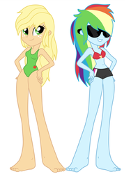Size: 828x1102 | Tagged: safe, artist:kog, applejack, rainbow dash, equestria girls, g4, barefoot, belly button, bikini, cankles, cleavage, clothes, feet, female, one-piece swimsuit, sunglasses, swimsuit
