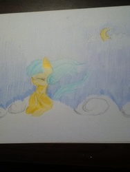 Size: 720x960 | Tagged: safe, artist:blueyedhorse3457, sunshower raindrops, g4, cloud, cloudy, female, moon, solo, traditional art