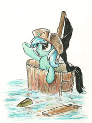 Size: 1691x2257 | Tagged: safe, artist:mcstalins, lyra heartstrings, pony, unicorn, g4, angry, crow's nest, female, flag, fluffy, hat, open mouth, pirate, shipwreck, solo