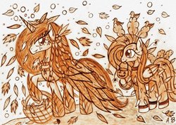 Size: 1059x755 | Tagged: safe, artist:rossmaniteanzu, fluttershy, oc, bird, pegasus, pony, spider, unicorn, g4, autumn, autumn leaves, clothes, costume, fluttertree, halloween, leaves, mushroom, nightmare night, traditional art