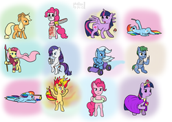 Size: 1024x726 | Tagged: safe, artist:phallen1, applejack, fluttershy, pinkie pie, rainbow dash, rarity, sunset shimmer, trixie, twilight sparkle, oc, oc:software patch, alicorn, pony, g4, cellphone, chainsaw, chair, cloak, clothes, cosplay, crown, dragoon, female, fiery shimmer, fire, game boy, glasses, go kart, growth, hockey mask, inner tube, mane of fire, mare, medal, mushroom, scepter, twilight sparkle (alicorn)