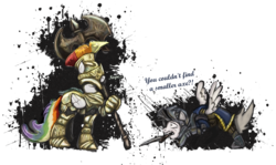 Size: 2264x1353 | Tagged: safe, artist:rariedash, oc, oc only, armor, dark souls, elite knight set, fight, ponified, weapon