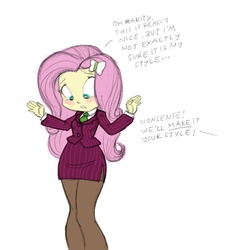 Size: 744x810 | Tagged: safe, artist:carnifex, fluttershy, equestria girls, g4, blushing, business suit, businessmare, clothes, dressup, female, implied rarity, offscreen character, pantyhose, pinstripes, side slit, skirt, skirt suit, solo, suit, tube skirt