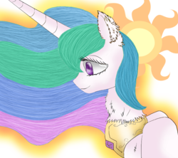 Size: 899x800 | Tagged: dead source, safe, artist:randomchick144, princess celestia, pony, g4, bust, cutie mark, female, simple background, smiling, solo