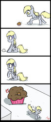 Size: 400x954 | Tagged: safe, artist:taco-slayer, derpy hooves, pegasus, pony, g4, comic, female, giant muffin, mare, muffin, scared