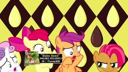 Size: 1280x720 | Tagged: dead source, safe, edit, edited screencap, screencap, apple bloom, babs seed, scootaloo, sweetie belle, earth pony, pegasus, pony, unicorn, g4, one bad apple, caption, cutie mark crusaders, female