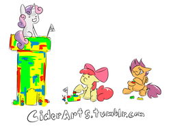 Size: 1036x772 | Tagged: safe, artist:cider, apple bloom, scootaloo, sweetie belle, g4, castle, cutie mark crusaders, lego