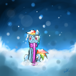 Size: 900x900 | Tagged: dead source, safe, artist:inkytophat, rainbow dash, pegasus, pony, g4, clothes, female, scarf, sitting, snow, snowfall, solo
