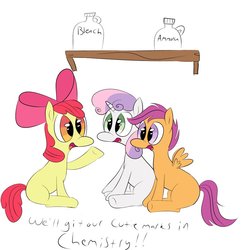 Size: 894x894 | Tagged: safe, artist:s8ansglory, apple bloom, scootaloo, sweetie belle, earth pony, pegasus, pony, unicorn, g4, ammonia, bleach, chemistry, cutie mark crusaders, sitting, this will end in tears