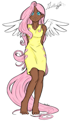 Size: 703x1200 | Tagged: safe, artist:aphexangel, artist:danerboots, fluttershy, human, g4, arm behind back, cutie mark on clothes, female, humanized, solo, tailed humanization, winged humanization