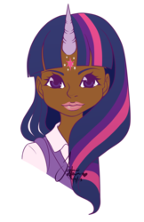 Size: 600x928 | Tagged: safe, artist:jazzie-simone, twilight sparkle, human, g4, dark skin, female, horn, horned humanization, humanized, solo