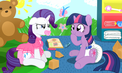Size: 2500x1500 | Tagged: safe, artist:fillyscoots42, rarity, twilight sparkle, butterfly, pony, unicorn, g4, abdl, adult foal, blocks, crayon, cute, diaper, diaper fetish, female, fetish, floppy ears, non-baby in diaper, nursery, pacifier, poofy diaper, raribetes, rattle, teddy bear, twiabetes, unicorn twilight