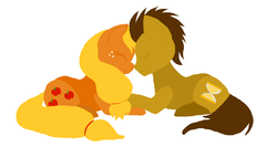 Size: 962x512 | Tagged: safe, artist:grim-tales, applejack, doctor whooves, time turner, g4, hatless, missing accessory, prone, ship:applewhooves, shipping