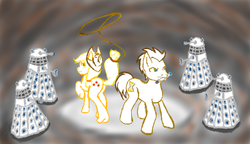 Size: 1322x762 | Tagged: safe, artist:grim-tales, applejack, doctor whooves, time turner, g4, dalek, doctor who, female, male, ship:applewhooves, shipping, straight
