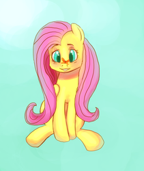 Size: 1240x1467 | Tagged: safe, artist:ponyem, fluttershy, butterfly, g4, cute, female, insect on nose, looking at something, sitting, smiling, solo