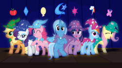 Size: 10667x6000 | Tagged: safe, artist:spectty, applejack, fluttershy, pinkie pie, rainbow dash, rarity, trixie, twilight sparkle, alicorn, pony, g4, absurd resolution, clothes, costume, female, line-up, mane six, mare, roleplaying, stage, twilight sparkle (alicorn)