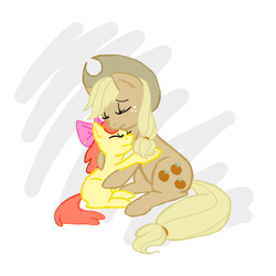 Size: 512x512 | Tagged: safe, artist:grim-tales, apple bloom, applejack, g4, discorded, hug, liarjack