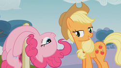 Size: 1280x720 | Tagged: safe, screencap, applejack, pinkie pie, g4, lidded eyes, out of context