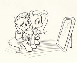 Size: 1848x1509 | Tagged: safe, artist:mcstalins, fluttershy, rarity, g4, mirror, monochrome, traditional art