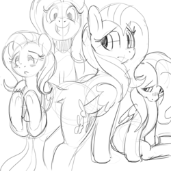 Size: 625x625 | Tagged: safe, artist:mewball, fluttershy, g4, blushing, grin, monochrome, sketch, smiling, underhoof