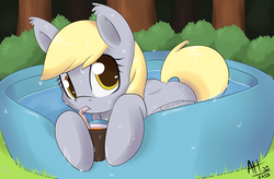 Size: 1425x936 | Tagged: dead source, safe, artist:average-hanzo, derpy hooves, pegasus, pony, g4, bush, drink, drinking, ear fluff, female, grass, hoof hold, looking at you, mare, outdoors, signature, solo, straw, swimming pool, tree, water, wet