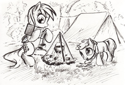 Size: 1667x1130 | Tagged: safe, artist:mcstalins, derpy hooves, dinky hooves, pegasus, pony, g4, book, camping, female, fire, ladle, mare, monochrome, pot, tent, traditional art